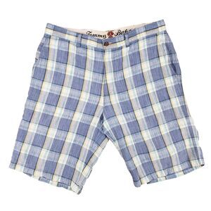 Tommy Bahama Linen Silk Blend Shorts Mens 34 Paradise Nation Blue Plaid Hawaiian